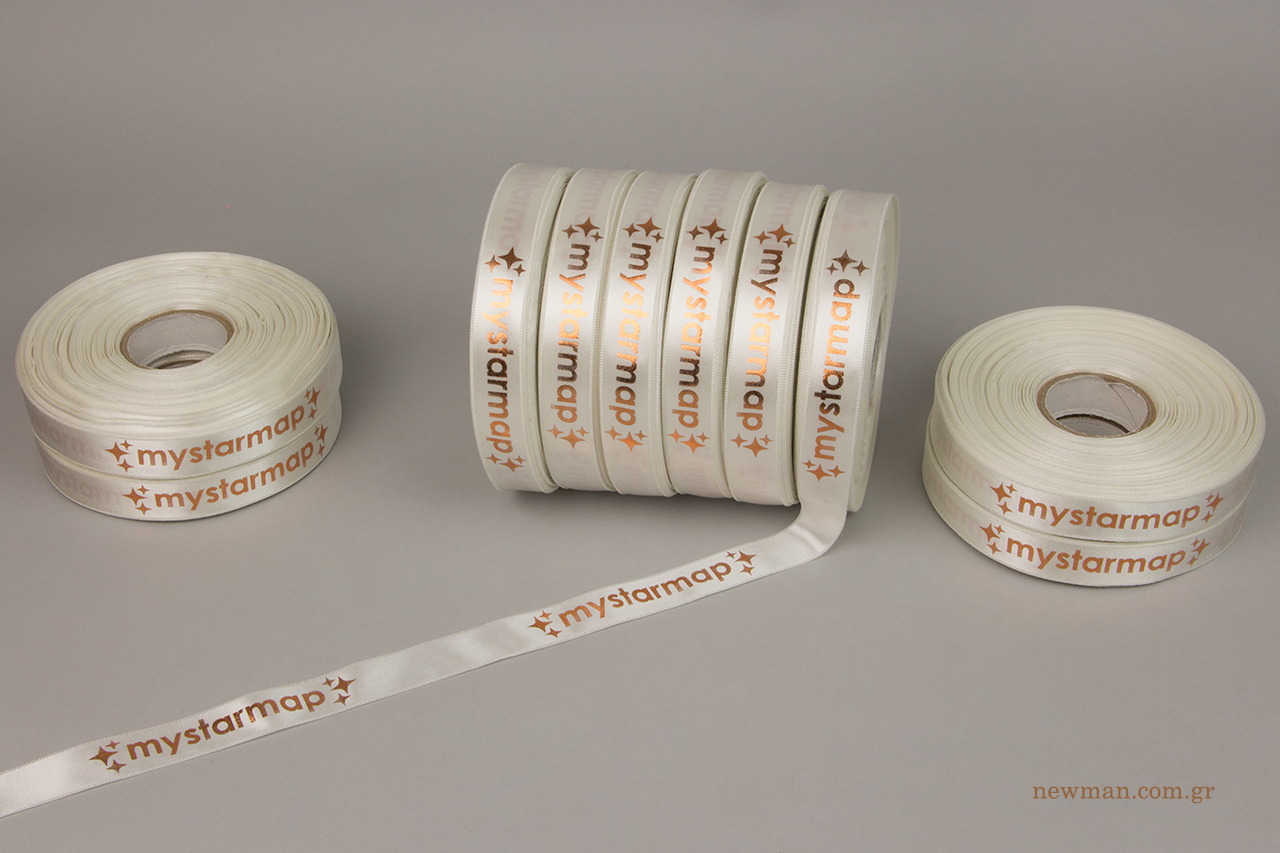Bronze hot-foil printing on double-faced satin ribbons.