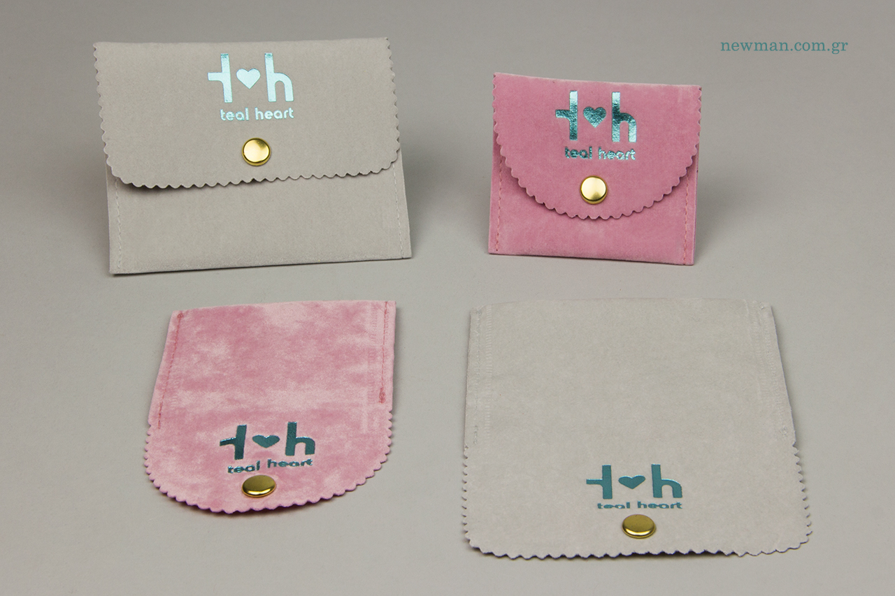 Branded pocket-shaped pouches with logo printing.