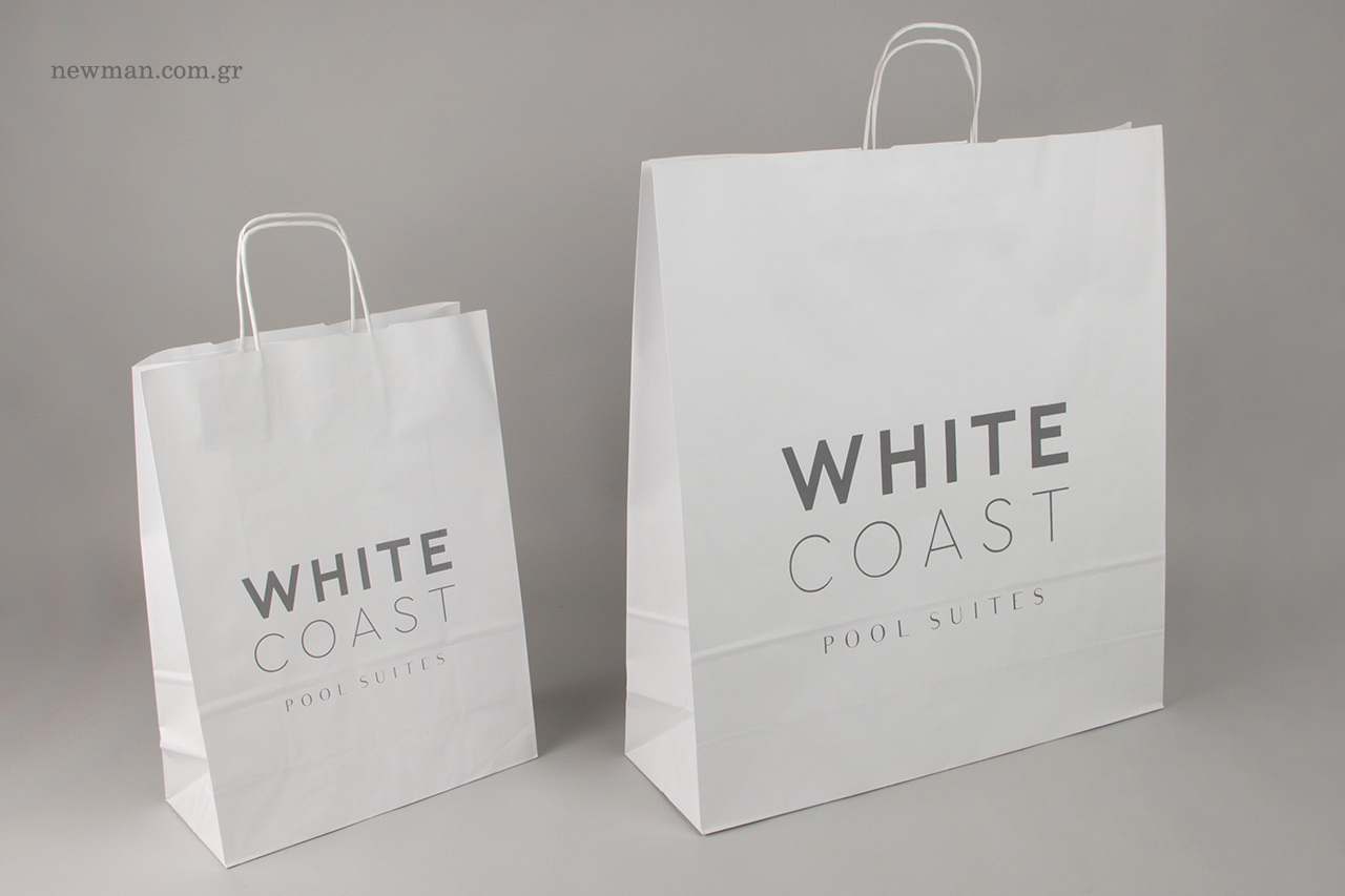 Gray silk-screen printing on wholesale eco paper bags.