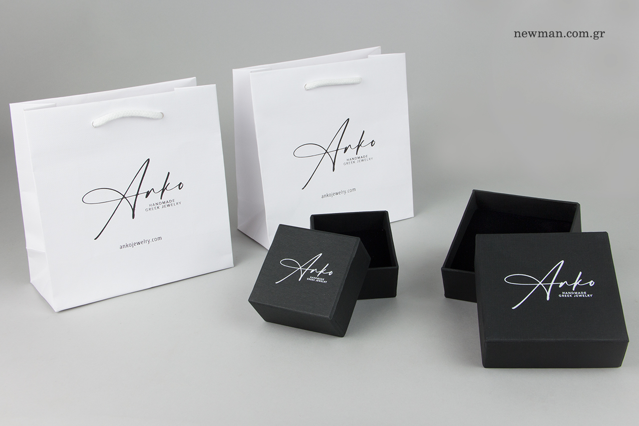 Black and white hot-foil printing on wholesale branded packaging.