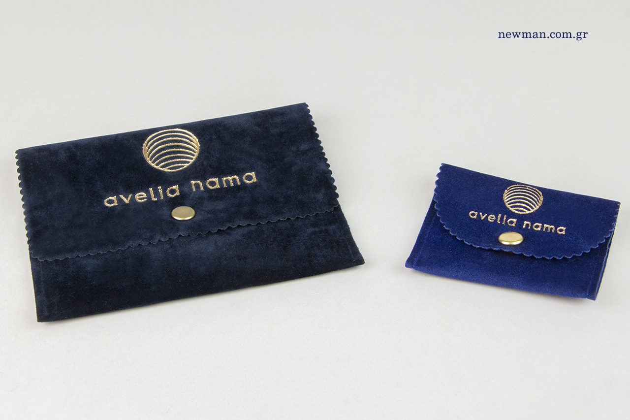 Pocket jewellery pouches with gold button and corporate logo printing.