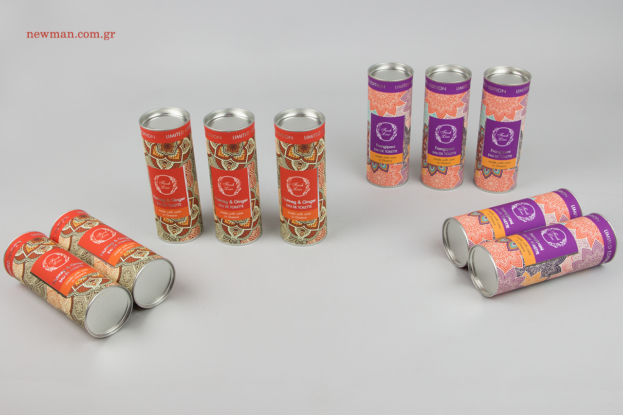 Branded cylinder-shaped boxes with logo.