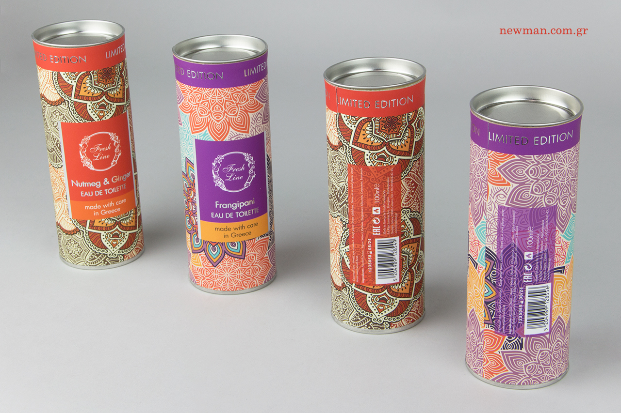 Digital and hot-foil printing on NewMan cylinder boxes.