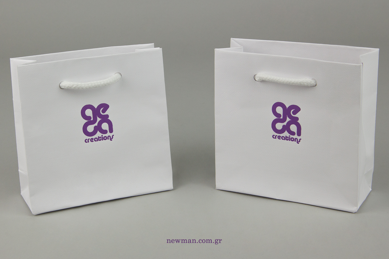 Purple logo printing on packaging bags.