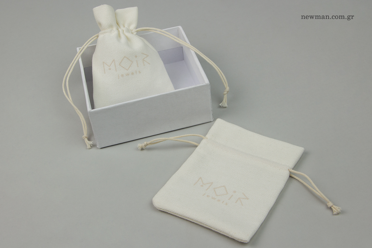 Printed cotton packaging pouches for jewellery.