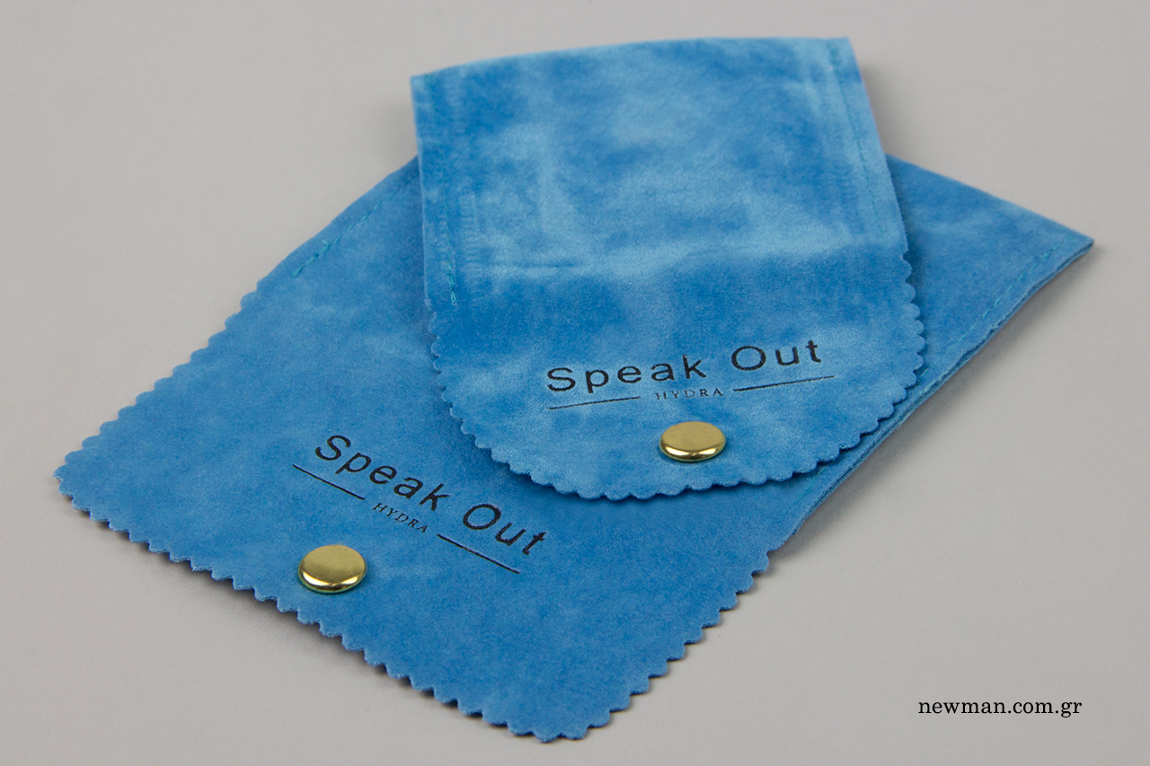 Turquoise jewellery pouch with hot-foil printing.