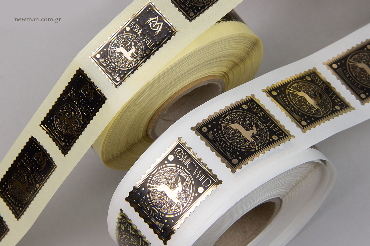 Gold hot-foil printing on wholesale paper sticky labels.
