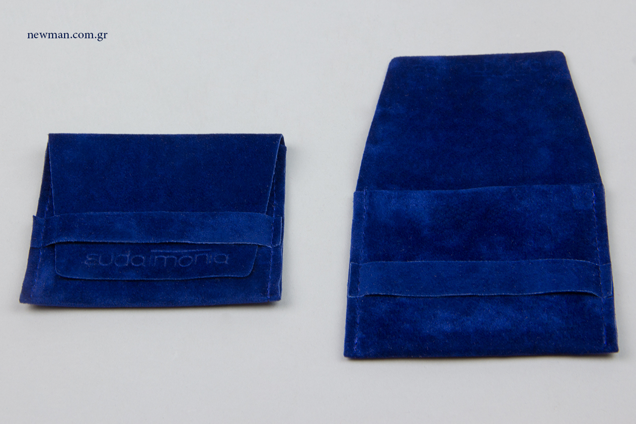 Pocket-shaped suede pouches with a strip and logo printing.