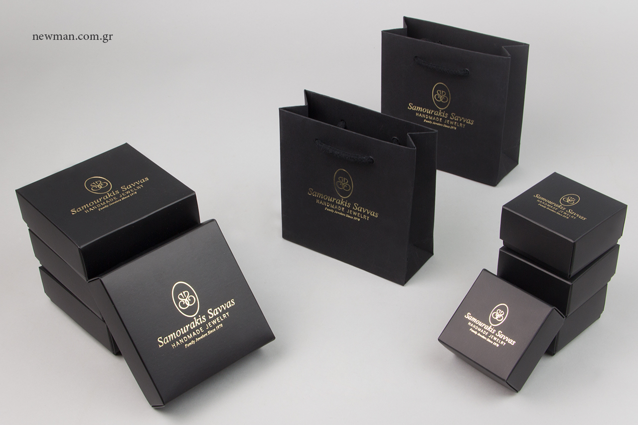 Corporate name on luxury paper jewellery packaging.