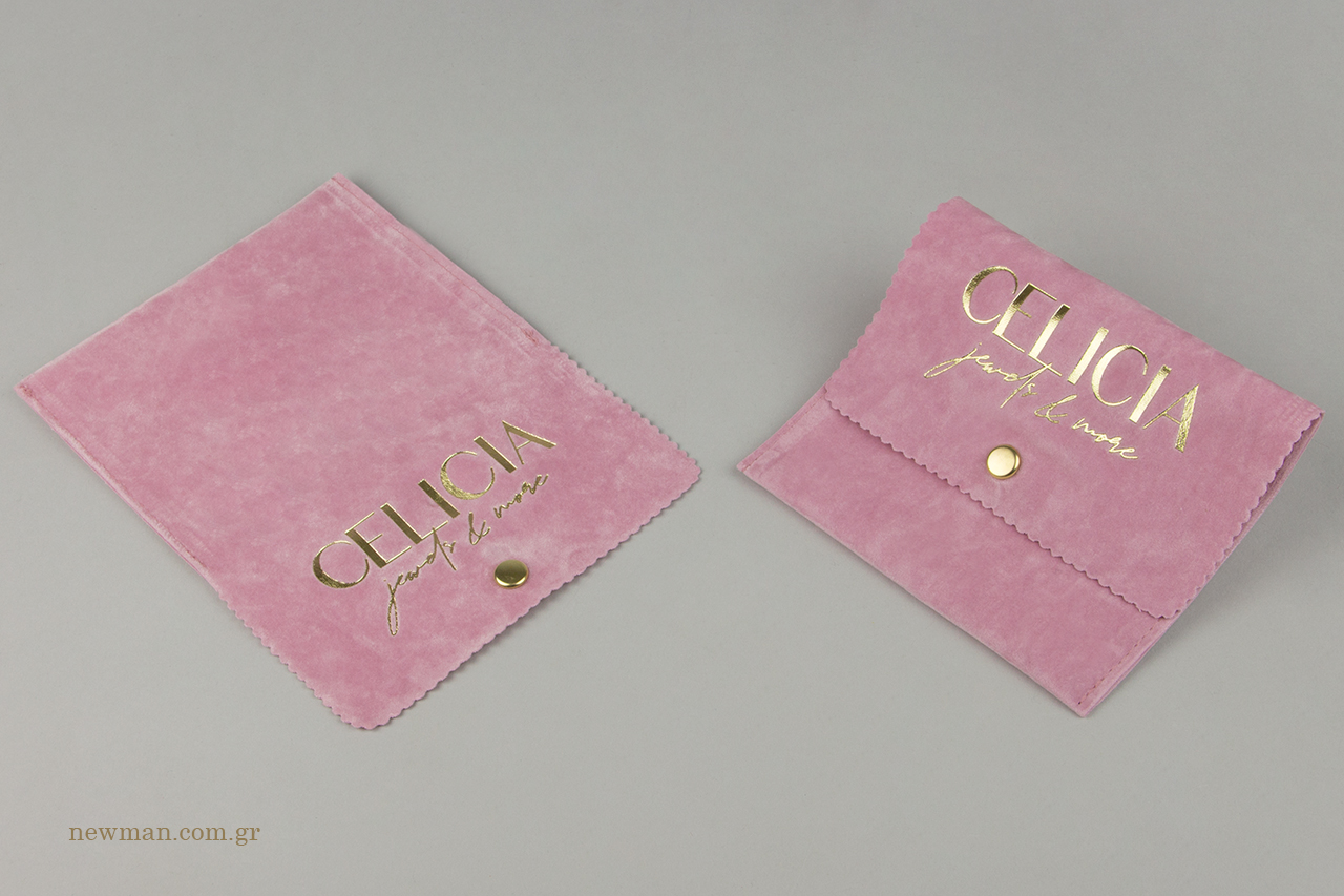 Logo printing on suede packaging pouches.