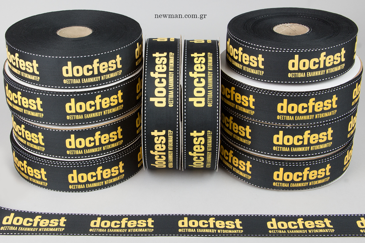Printed stitched ribbons for the Greek Documentary Festival.