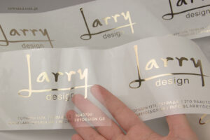 Larry design: Gold hot-foil printing on packaging label.