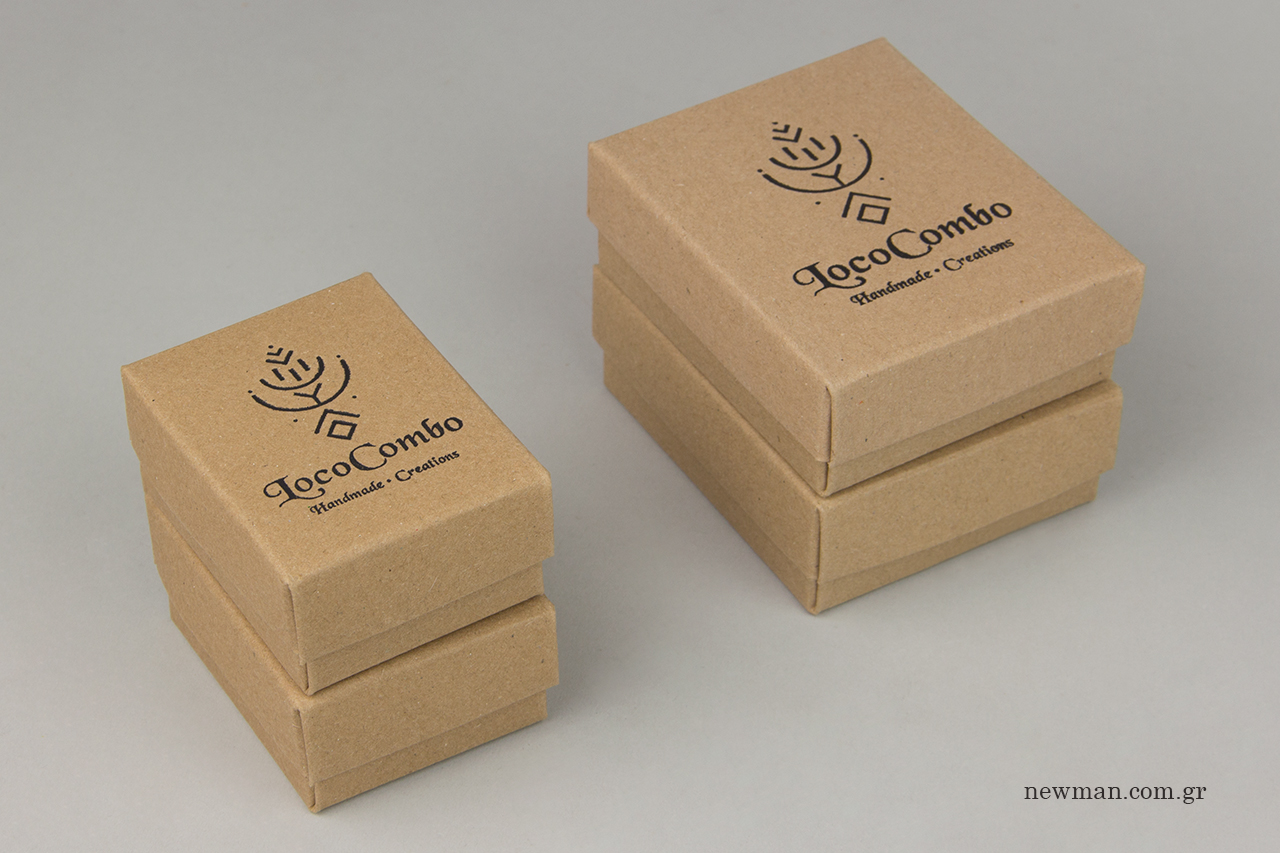 Black hot-foil printing on kraft packaging tiny boxes.