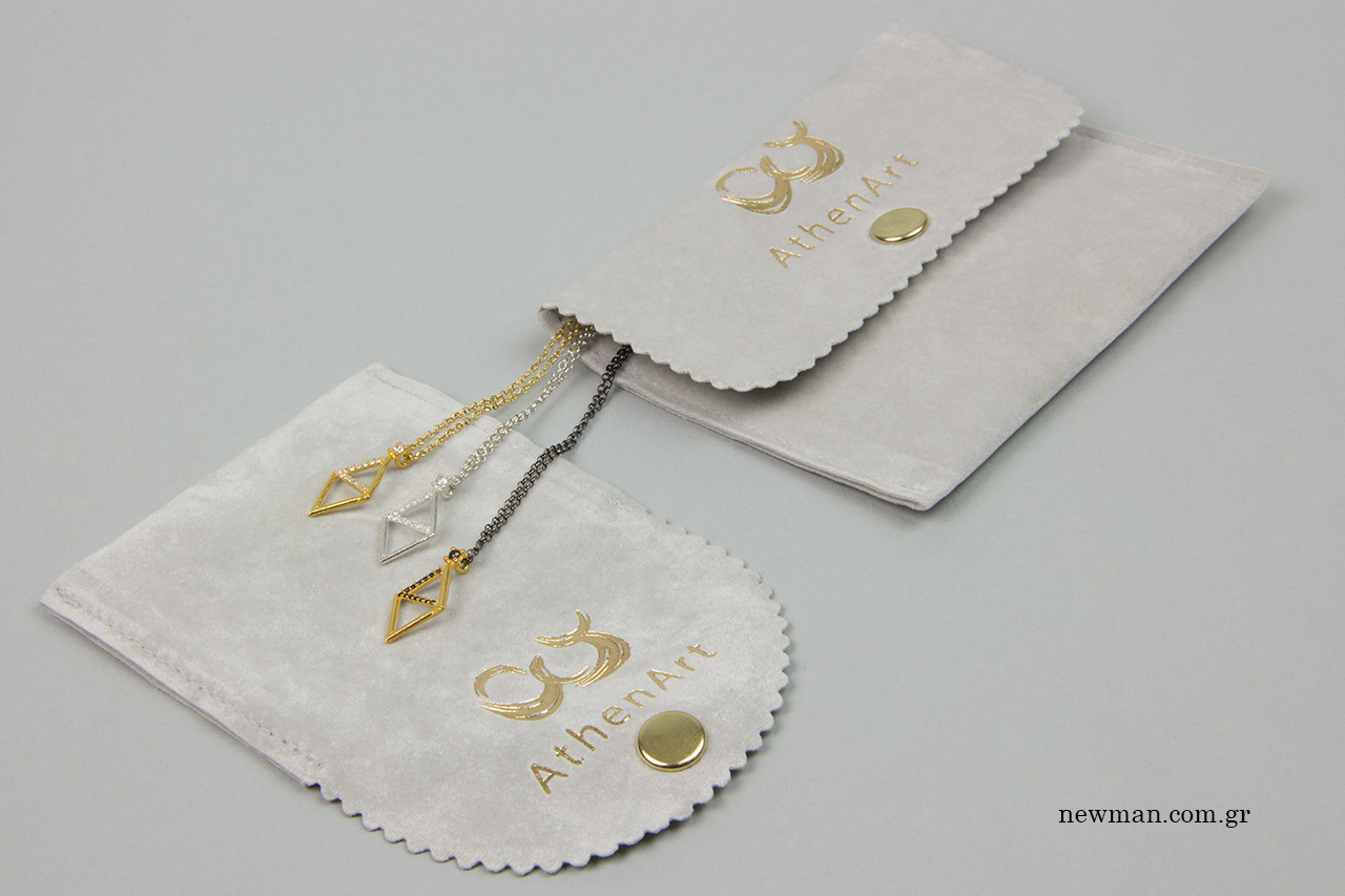 Logo printing on gray jewellery pouch.