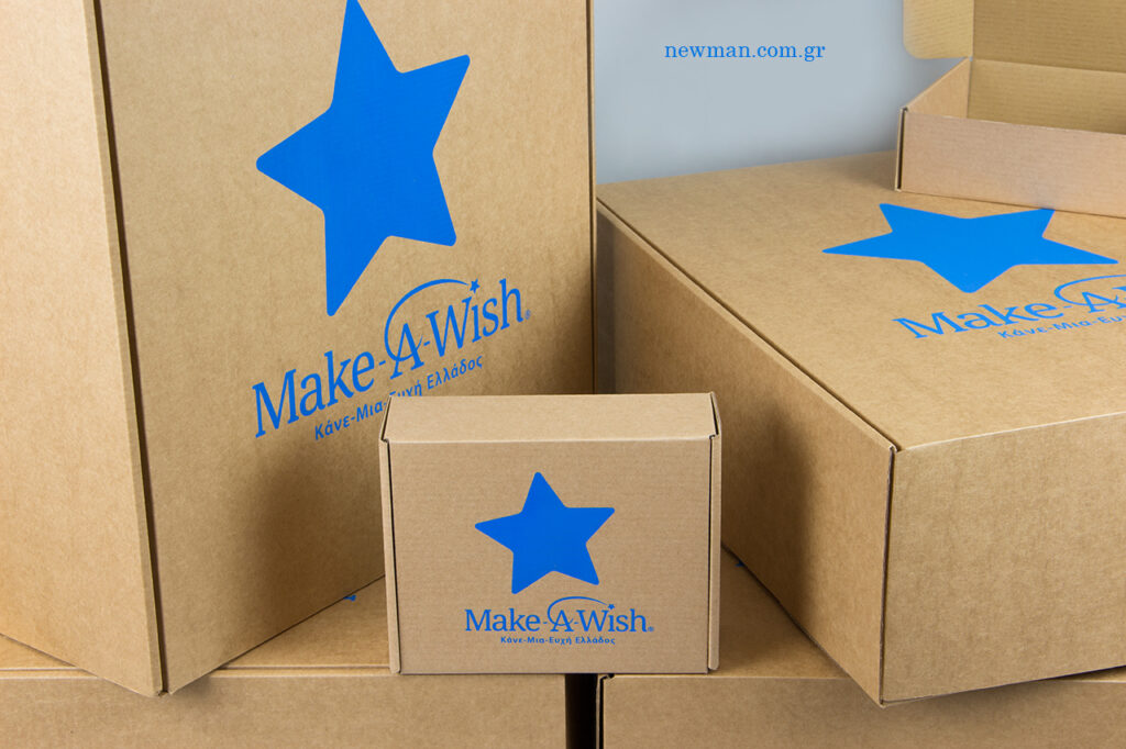 Make-A-Wish Greece (Κάνε-Μια-Ευχή Ελλάδος): NewMan σχεδιασμός και εκτύπωση κουτιών μεταφοράς.