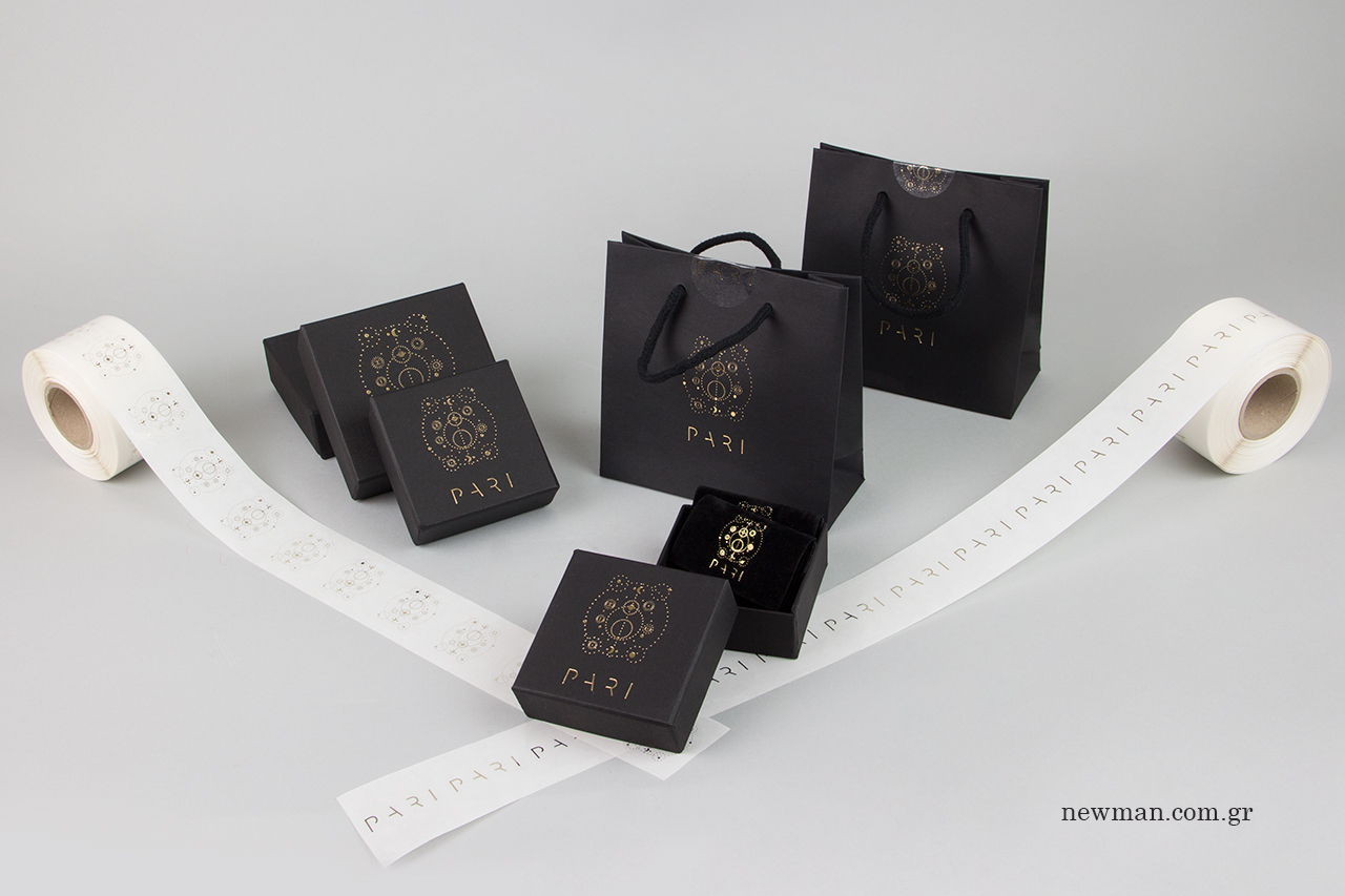 Gold hot-foil printing on branded jewellery packaging.
