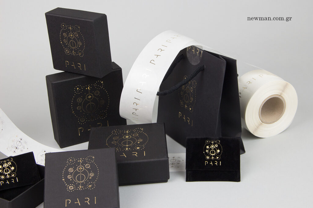 Pari: Packaging paper carrier bags, paper boxes, velvet pouches and sticky labels.