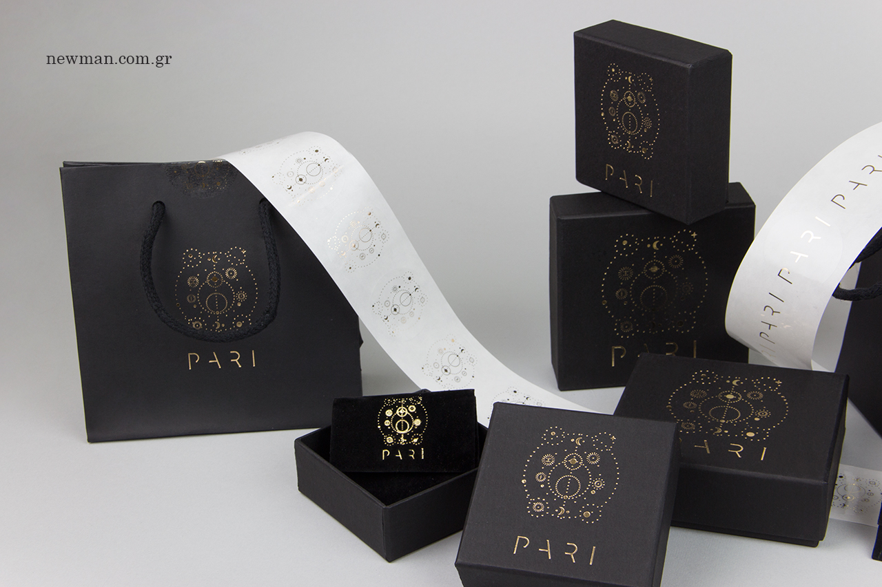 Gold hot-foil printing on bags, boxes, pouches and sticky labels.