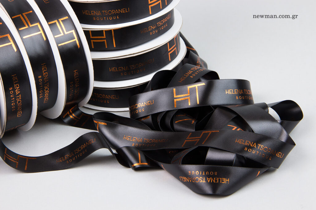 Helena Tsopaneli Boutique: Bronze hot-foil printing on wholesale ribbons.