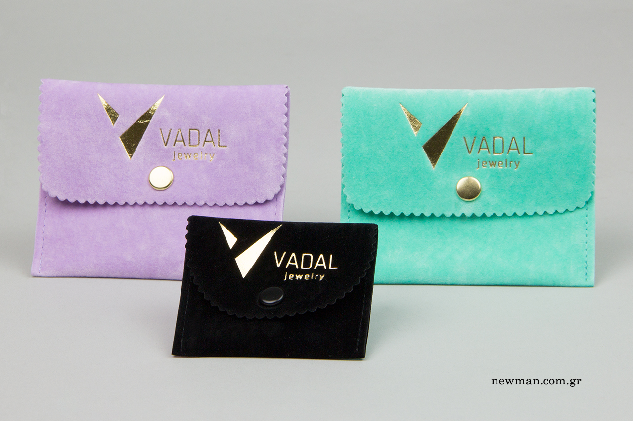 Jewellery packaging pouches with gold printing.