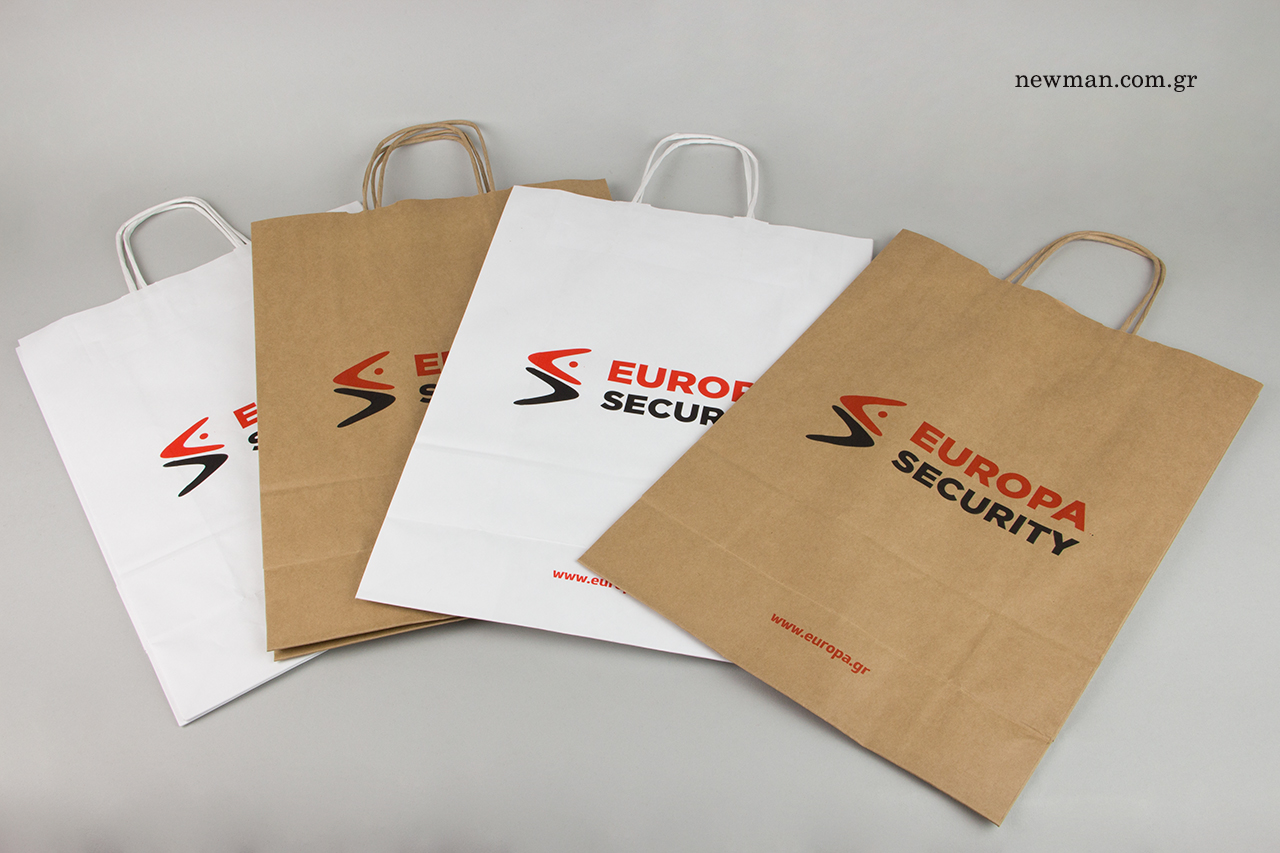 Twisted handle paper bags with two-color printing.