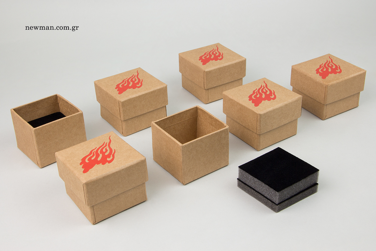 Red hot-foil printing on kraft rigid jewellery boxes.