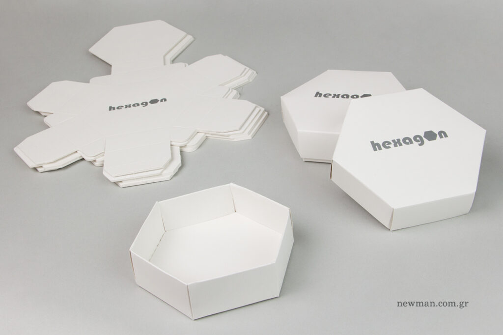 Hexagon: Εξάγωνο κουτί συσκευασίας με εκτύπωση λογότυπου.
