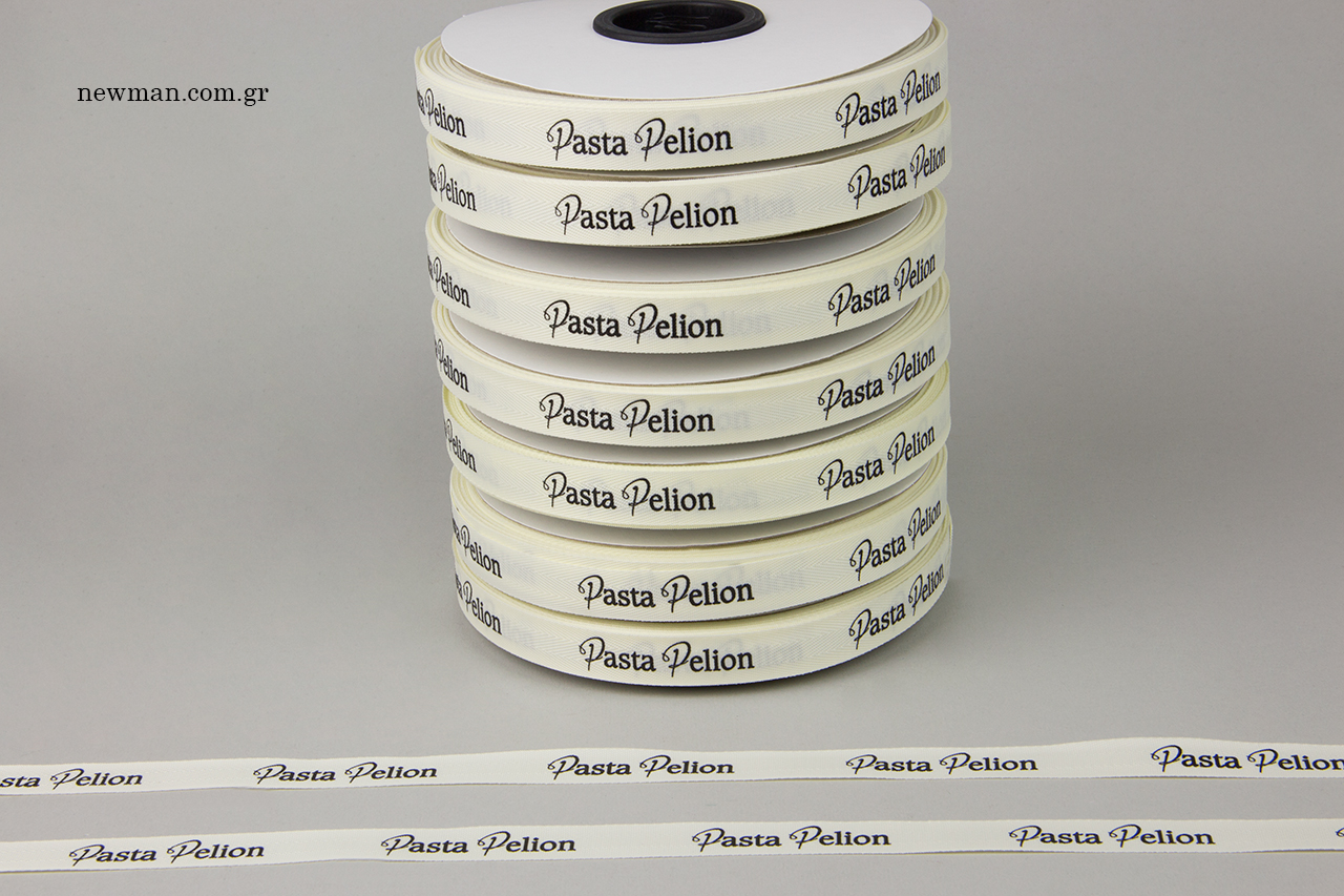 Cotton fishbone ribbon with embossed silk-screen printing.