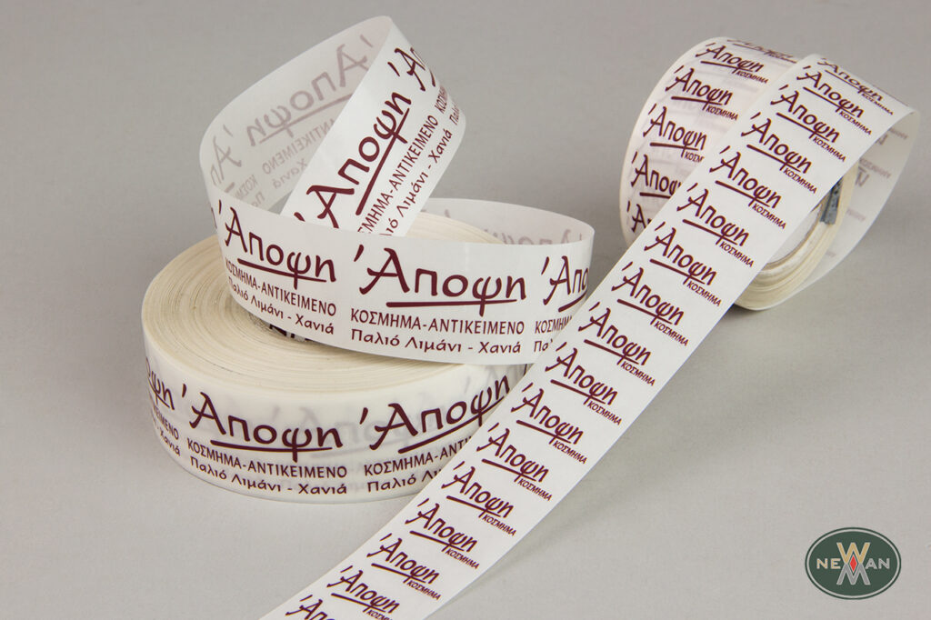 Apopsi: Burgundy printing on transparent stickers.