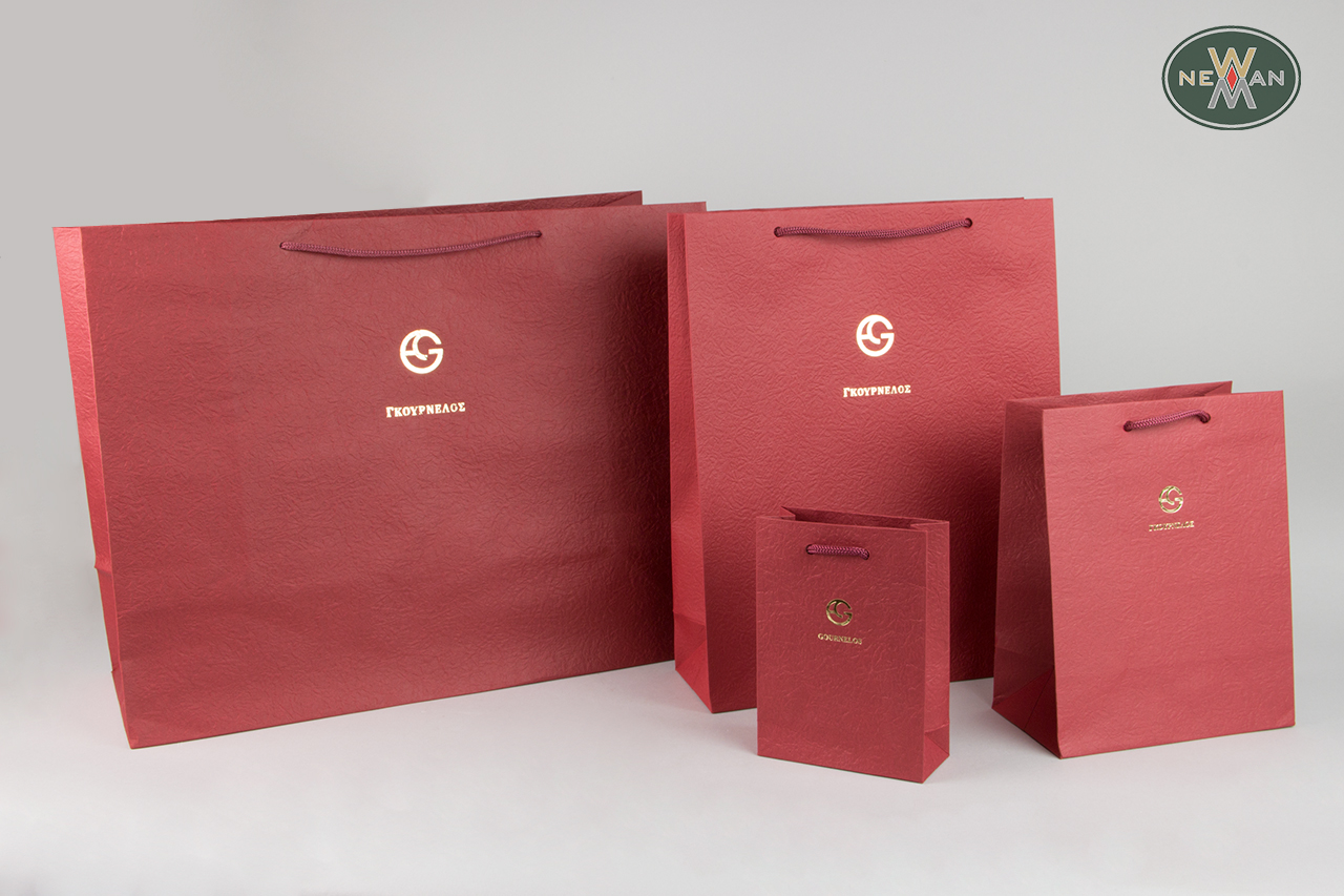 Gold hot-foil printing on red packaging bags.