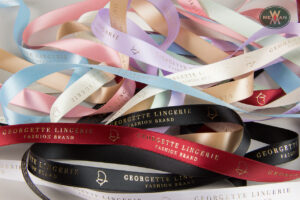 Georgette Lingerie fashion brand: High-quality satin packaging ribbon with gold print.