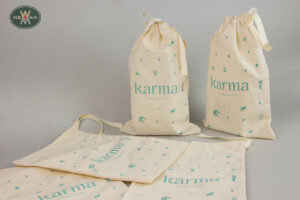 Karma: Printing on cotton drawstring-pouches.