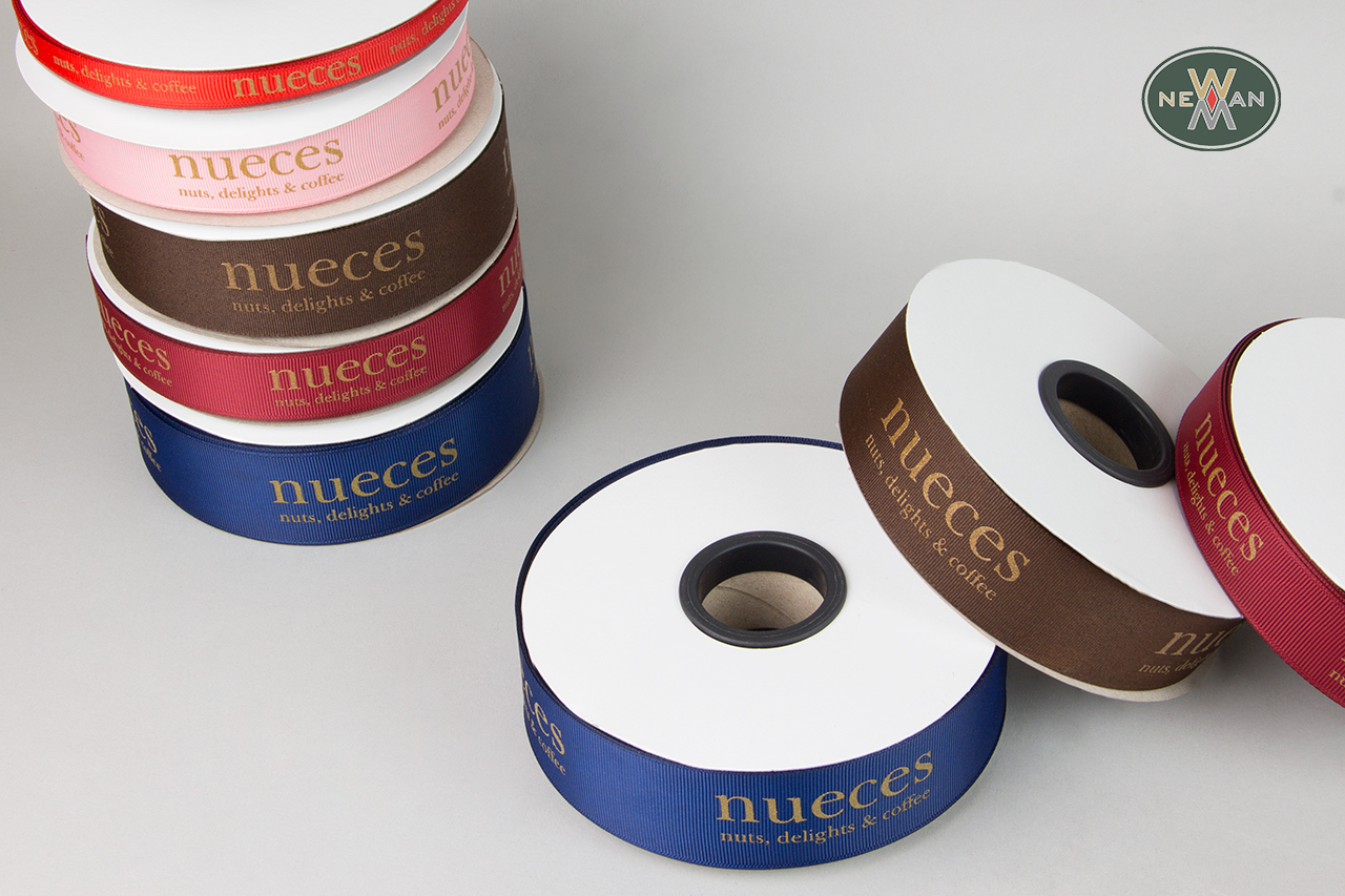 Gold silk-screen printing on colorful packaging ribbons.