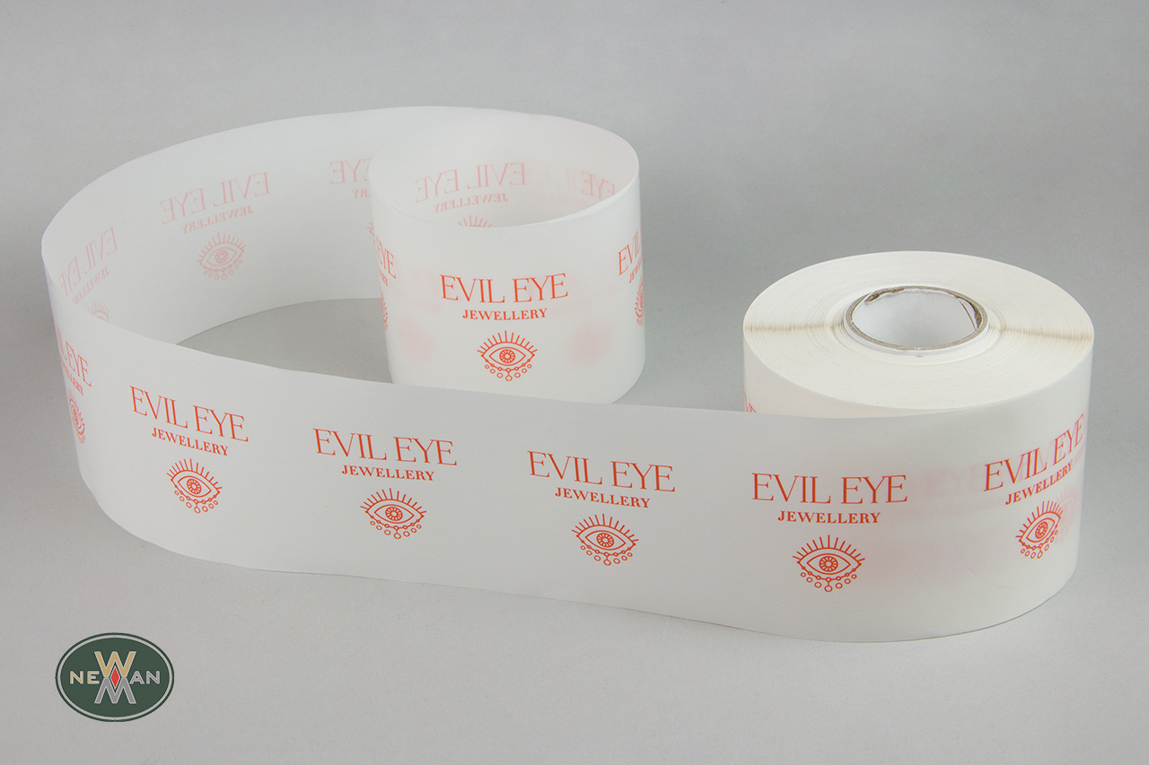 Round packaging stickers with corporate name.