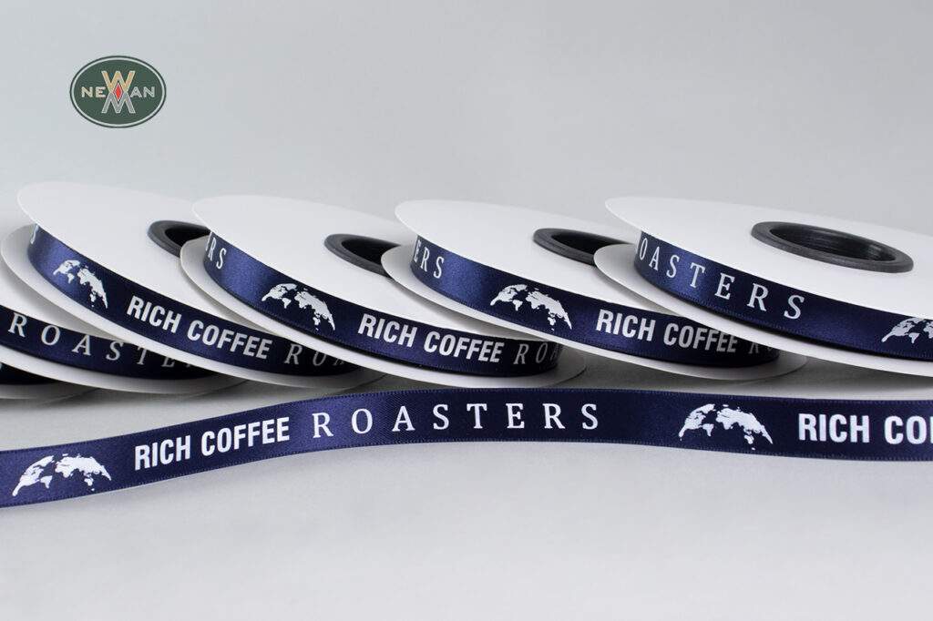 Rich Coffee roasters: NewMan luxury satin ribbons with logo.